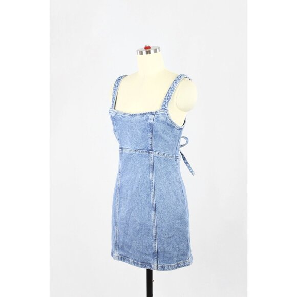 ZARA Medium Blue Cotton Denim Lace Up Back Mini Dress, Size M - Picture 4 of 13